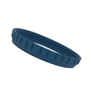 A 3D render of a textured blue ring with a ribbed outer edge, presented on a black background.