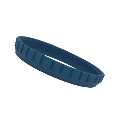 A 3D render of a textured blue ring with a ribbed outer edge, presented on a black background.