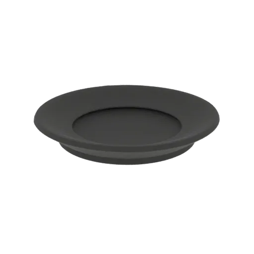 A 3D render of a matte black shallow dish with a subtle lip, presented on a black background.