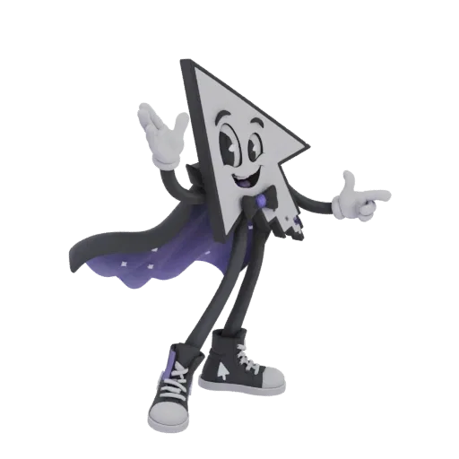3D model of a stylized cursor character dressed as a magician, wearing a cape and bowtie, striking a dynamic pose.