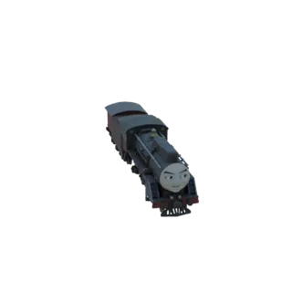 Modelo 3D de uma locomotiva a vapor cinza escuro com um rosto cartunesco e expressivo, visto de um leve ângulo.