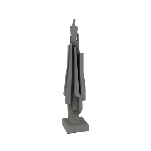 A 3D render of a tall, gray abstract sculpture with sharp geometric shapes and a textured surface, standing against a white b