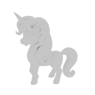 Un rendering 3D di una statuetta di unicorno stilizzato, grigio opaco, con criniera e coda fluenti, in piedi su sfondo bianco