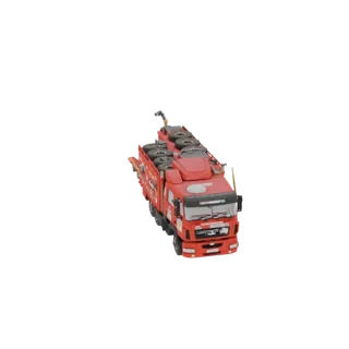 Modelo 3D de um caminhão vermelho pesado com guindaste e pneus sobressalentes, visto de um ângulo alto.