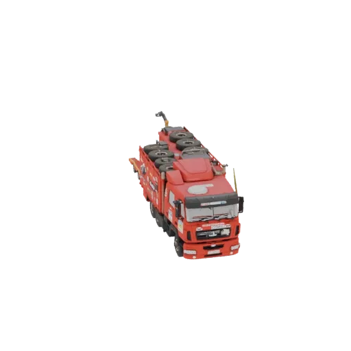 3D model of a red heavy-duty truck with a crane and spare tires, viewed from a high angle.