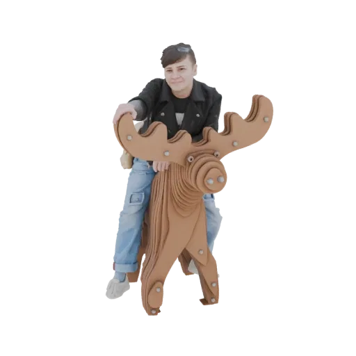 3D model render of a person riding a laser-cut wooden moose sculpture, viewed from the front.
