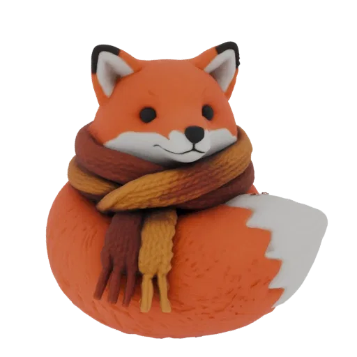 Un rendu 3D d'un renard mignon et rond portant une écharpe à rayures marron, orange et jaune, avec sa queue à pointe blanche