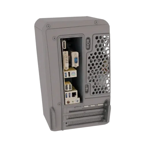 3D model of a computer case rear panel showing various ports like DVI, HDMI, USB, and Ethernet, with a ventilation grille.