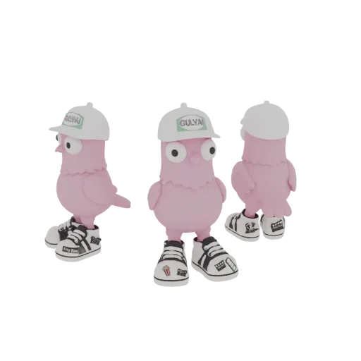 3D model of a pink pigeon character wearing a white cap with a green logo and black and white sneakers, shown from multiple a