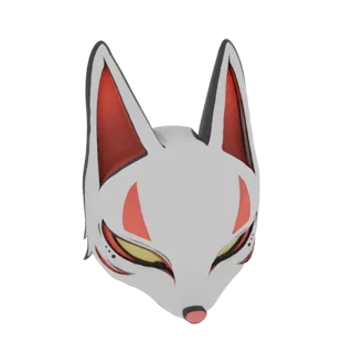 Una representación 3D de una máscara blanca de espíritu zorro Kitsune japonés con acentos rojos en las orejas y ojos, y expre