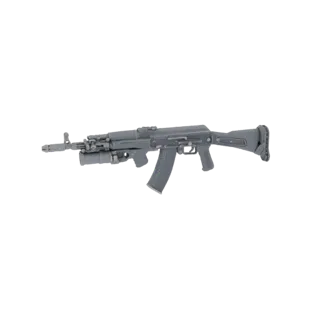 3D model of an AK-74M assault rifle with a GP-25 grenade launcher attached, shown in a neutral gray render against a white ba
