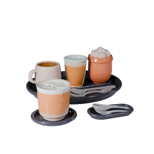 Cafe Tea Service Stylized 3D model, stylized isometric render, showing ceramic, arranged serving layout.
