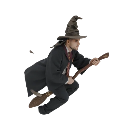 Modello 3D di un giovane mago con cappello e veste, che vola su una scopa, renderizzato su sfondo bianco.