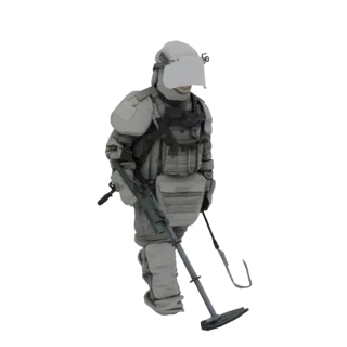 Modelo 3D de soldado EOD con equipo de protección, sosteniendo y operando un detector de metales.