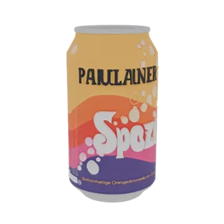 Modelo 3D de una lata Paulaner Spezi con colores naranja, rosa y morado, con el logo Spezi.