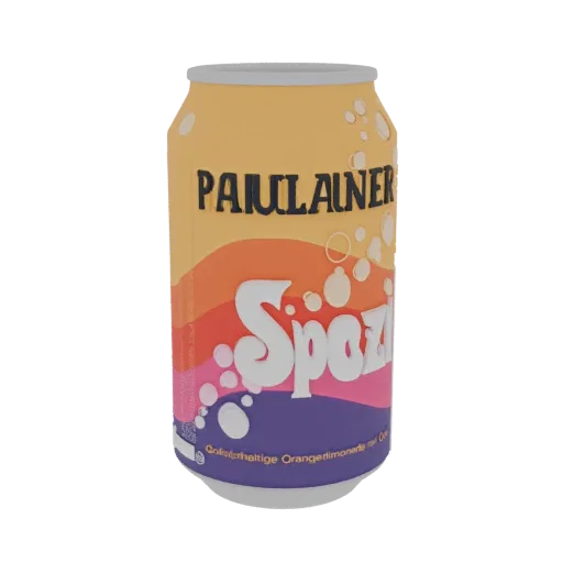 3D model of a Paulaner Spezi can with orange, pink, and purple colors, featuring the Spezi logo.