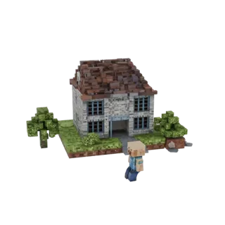 3D model of a two-story Minecraft-style house with character and trees on a white background