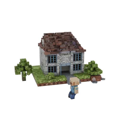 3D model of a two-story Minecraft-style house with character and trees on a white background