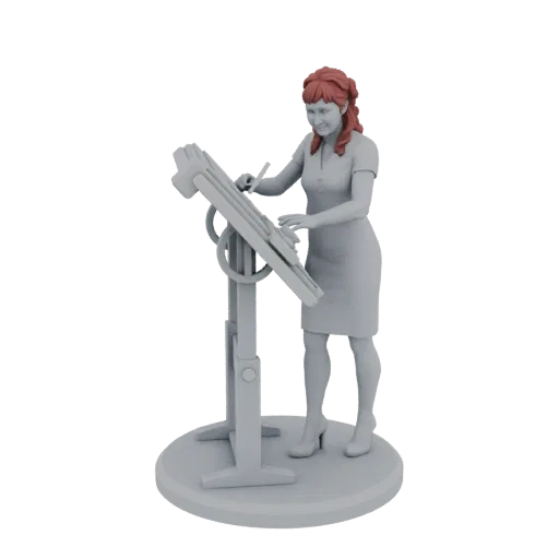3D model of a female engineer with red hair, wearing a dress, working at a detailed drafting table.