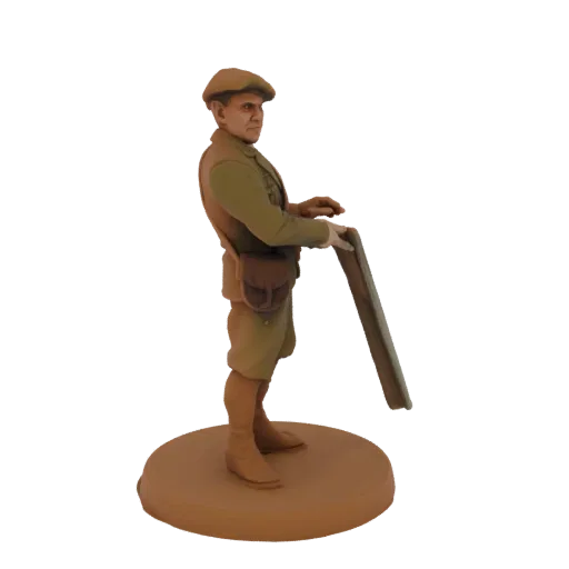 3D model of a WWI era hunter wearing a flat cap and jacket, holding a shotgun, standing on a circular base.
