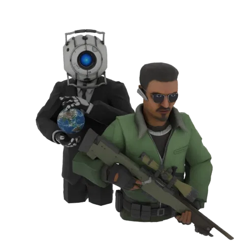 3D render of a robot holding a globe and a sniper character with a rifle, set against a black background.