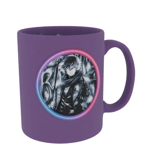 3D model of a purple mug with an anime character illustration inside a colorful neon-like circle frame.