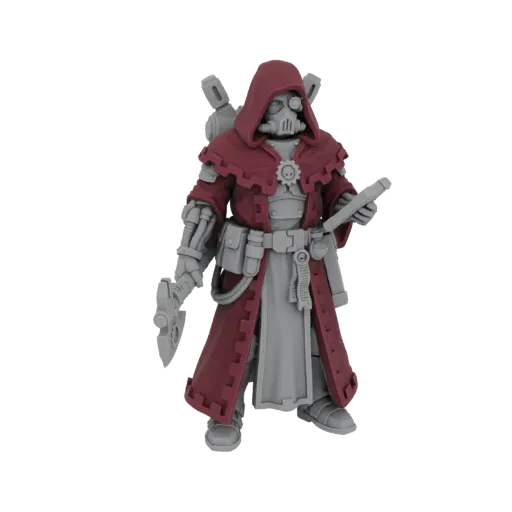3D model of an Adeptus Mechanicus Tech-Priest in red robes, holding a bolt pistol and accompanied by a servo-skull.