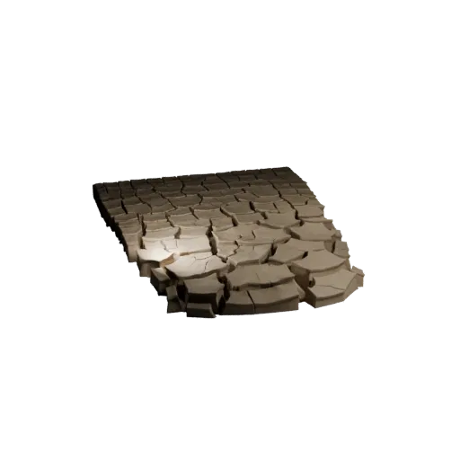 Cracked Dry Lake Bed Stylized 3D model, stylized isometric environment render, showing layered soil, dune ridges.