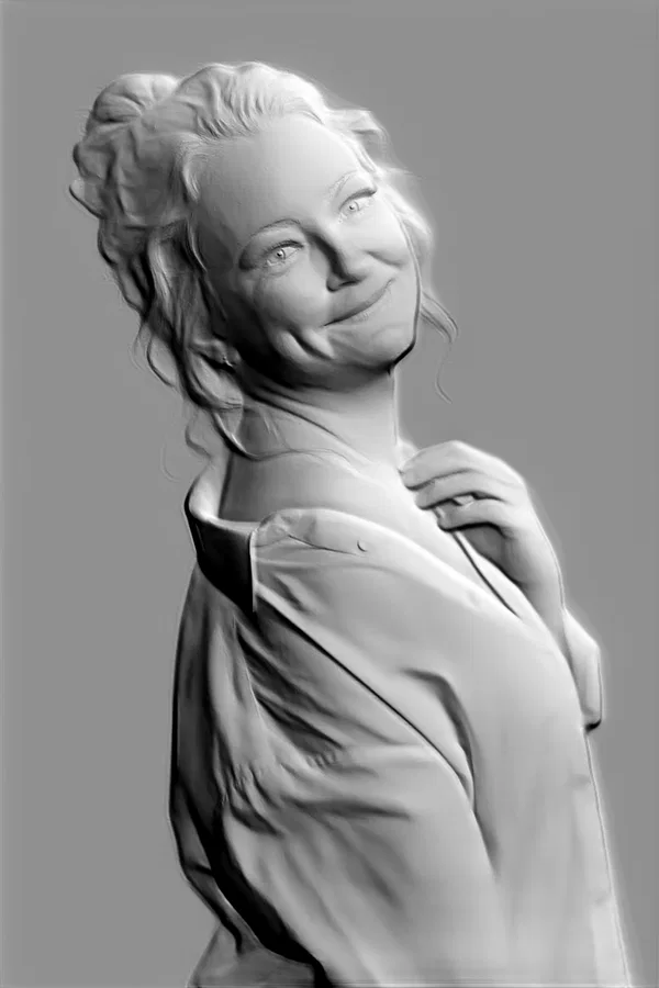 Modelo 3D de bajorrelieve de mujer sonriente, mostrando detalles faciales y de cabello