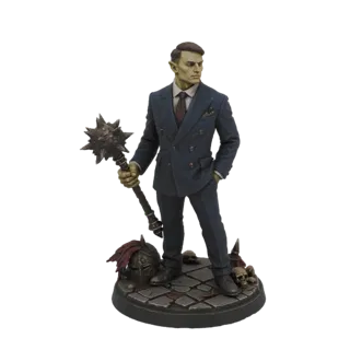 Modello 3D di un orco guerriero sarto in abito che impugna una mazza chiodata, in piedi su una base con teschi.