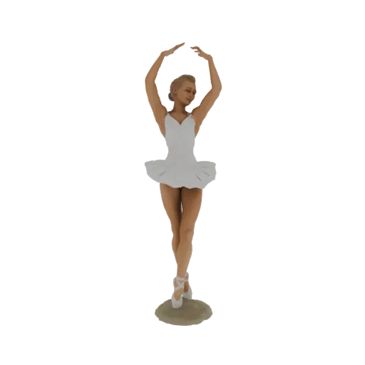 3D model of a ballerina in a white tutu and pointe shoes, with arms raised gracefully, standing on a textured base.