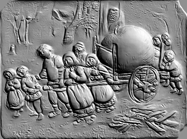 3D model of a bas-relief depicting a peasant family pulling a hay cart, in the style of classical sculpture.