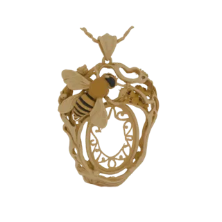 3D model of an Art Nouveau pendant featuring a bee on floral branches, rendered in a golden metallic material.