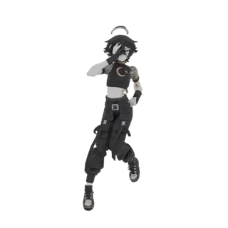 3D-Modell eines Goth Anime Girls mit schwarzen Haaren, Heiligenschein, Mondanhänger, Mesh-Top und Cargohosen, in Pose.