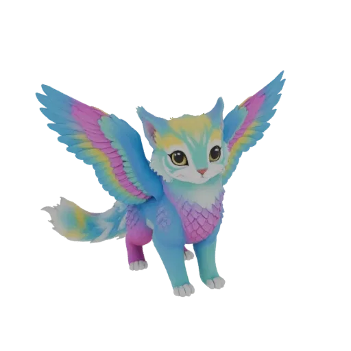 3D model of a fantasy cat creature with large rainbow-colored wings, standing with wings spread.