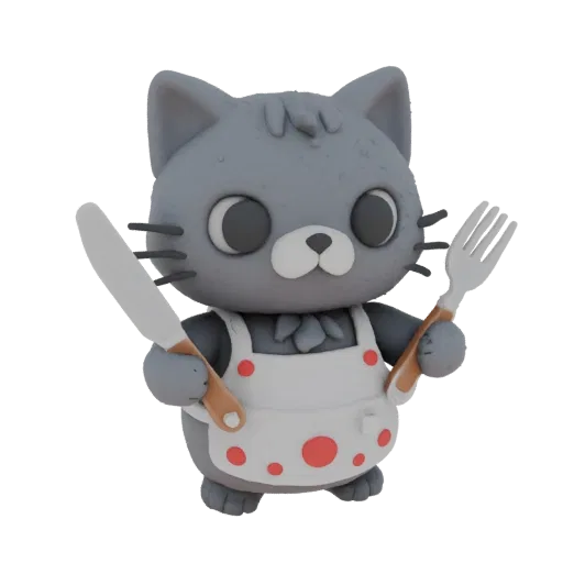 3D-Modell einer anthropomorphen grauen Katze in einer weißen Schürze mit roten Punkten, die ein Messer und eine Gabel hält.