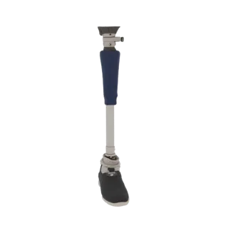 3D-Modell eines Prothesenbeins mit dunklem Schuh und blauem Ärmel, von vorne gezeigt.