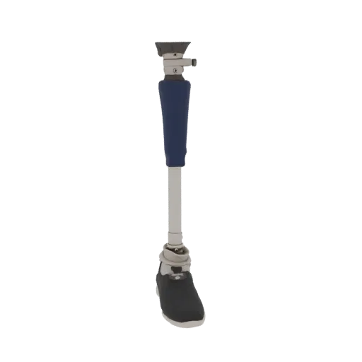 Modelo 3D de prótesis de pierna con zapato oscuro y manga azul, vista frontal.