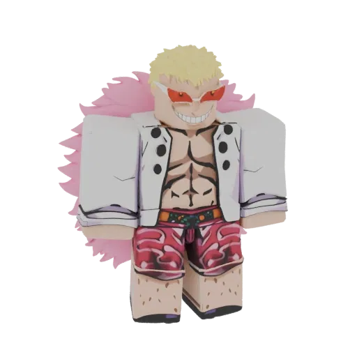 3D model of Donquixote Doflamingo in Roblox style, wearing pink feathers and sunglasses.