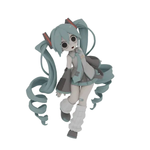 3D model of Hatsune Miku, the virtual idol, with her signature teal twin-tails and outfit, posed dynamically.