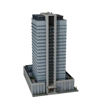 Luxury Skyscraper Tower high poly 3D model, close-up architectural render view, showing commercial office building materials
