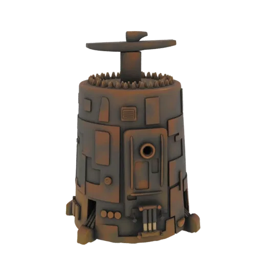 Rendering 3D di un Dispositivo Industriale Steampunk con finitura metallica usurata, caratterizzato da un corpo cilindrico, p