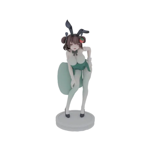 3D model of a bunny girl figurine with antlers, wearing a green bunny suit and white stockings, in a playful pose on a circular base.