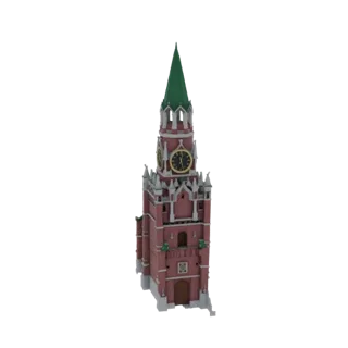 Modello 3D della Torre Spasskaya, una torre dell'orologio in mattoni rossi con una guglia verde, su sfondo bianco.