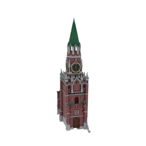 3D model of the Spasskaya Tower, a red brick clock tower with a green spire, set against a white background.