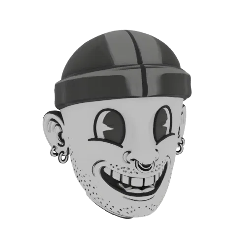 3D model of a cartoon character's head with a wide grin, wearing a beanie and multiple piercings, rendered in grayscale.