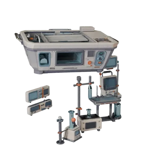 Futuristic Containment Pod Stylized 3D model, stylized isometric render, showing clean metal, bench-top devices.