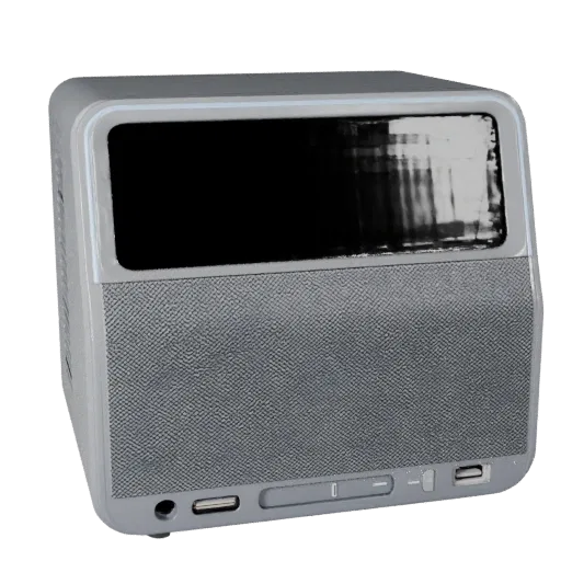 Altoparlante Smart Compatto Modello 3D Realistico, interni casa, rendering studio tre quarti, dettaglio plastica.