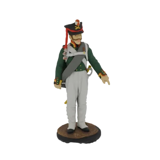 3D model of a Napoleonic era officer in a green uniform, white pants, and bicorne hat, standing on a brown base, pointing for