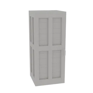 A 3D render of a tall, gray, paneled cabinet with horizontal slats on the doors, set against a white background.
